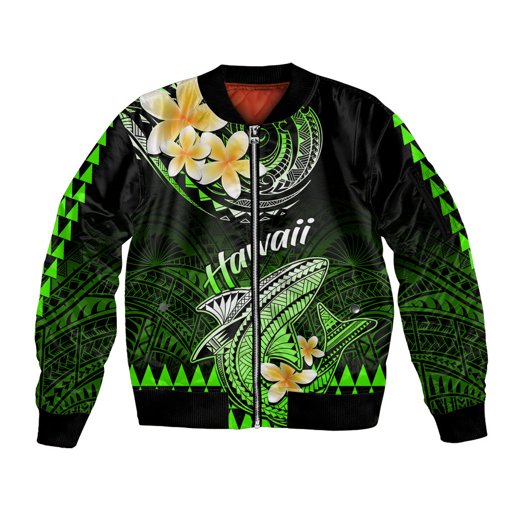 Hawaii Sleeve Zip Bomber Jacket Polynesian Shark with Kakau Green Version - Wonder Print Shop