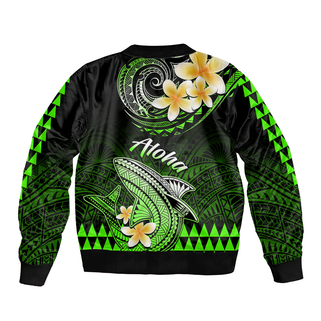 Hawaii Sleeve Zip Bomber Jacket Polynesian Shark with Kakau Green Version - Wonder Print Shop