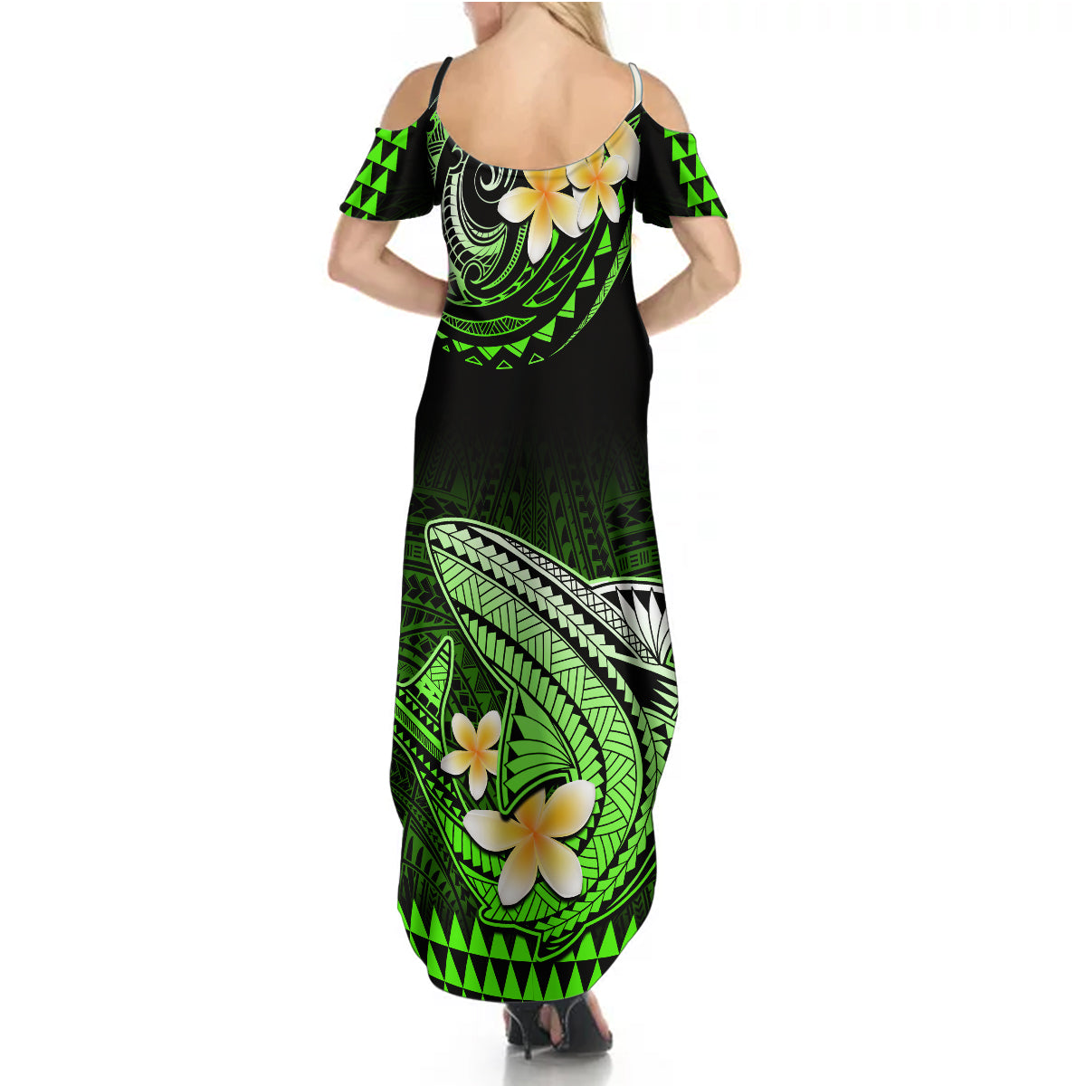 Hawaii Summer Maxi Dress Polynesian Shark with Kakau Green Version - Wonder Print Shop