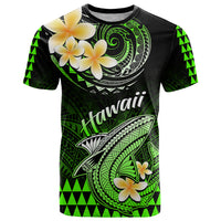 Black and green Polynesian shark T-shirt with plumeria flowers and kakau print