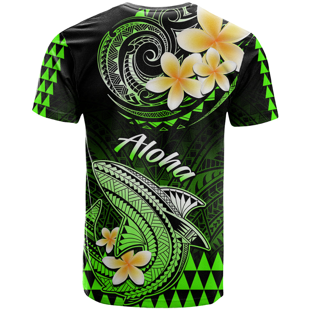 Black and green Polynesian shark T-shirt with plumeria flowers, kakau print back