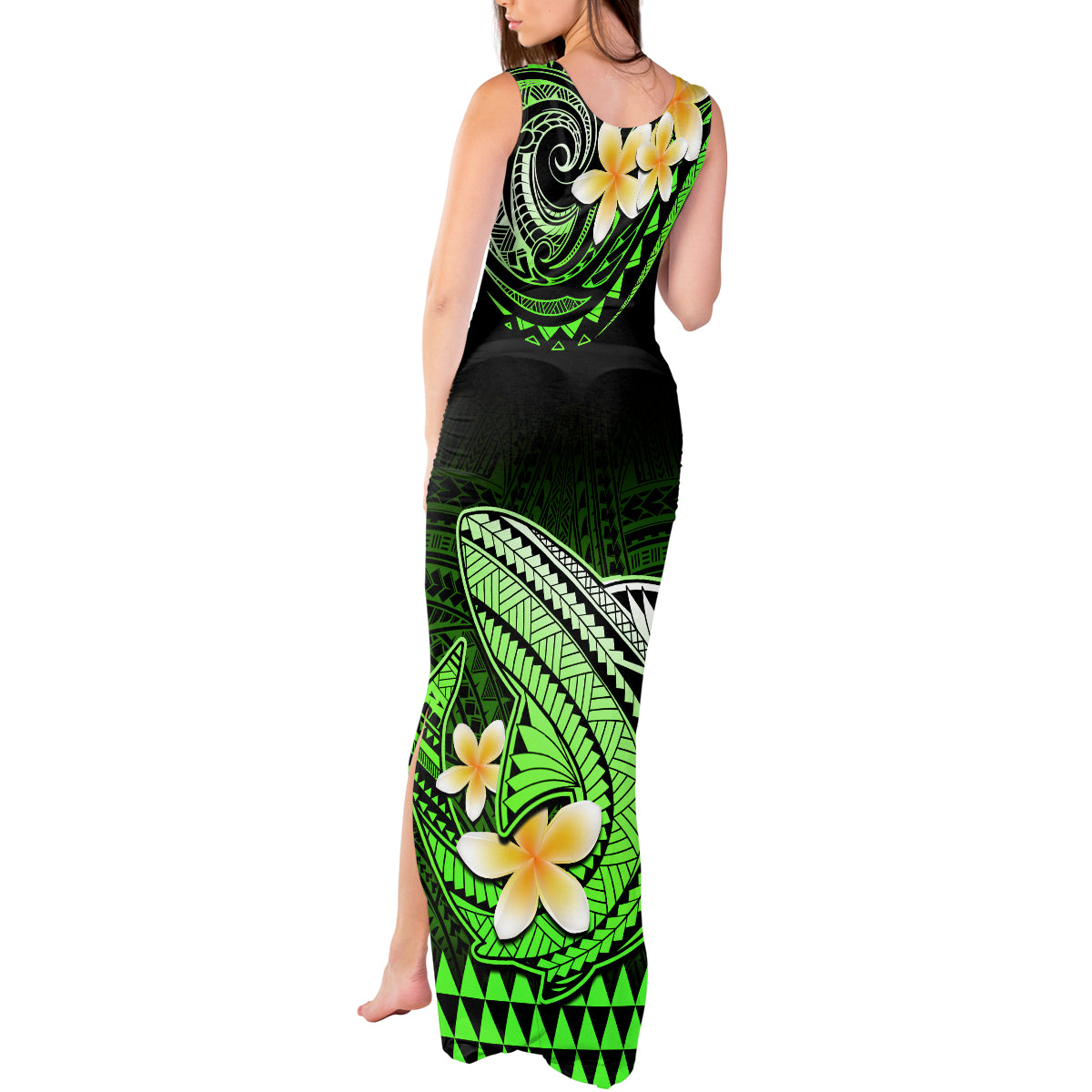 Hawaii Tank Maxi Dress Polynesian Shark with Kakau Green Version - Wonder Print Shop