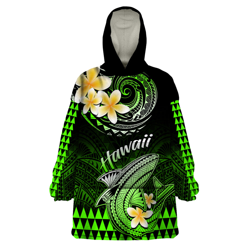 Hawaii Wearable Blanket Hoodie Polynesian Shark with Kakau Green Version - Wonder Print Shop