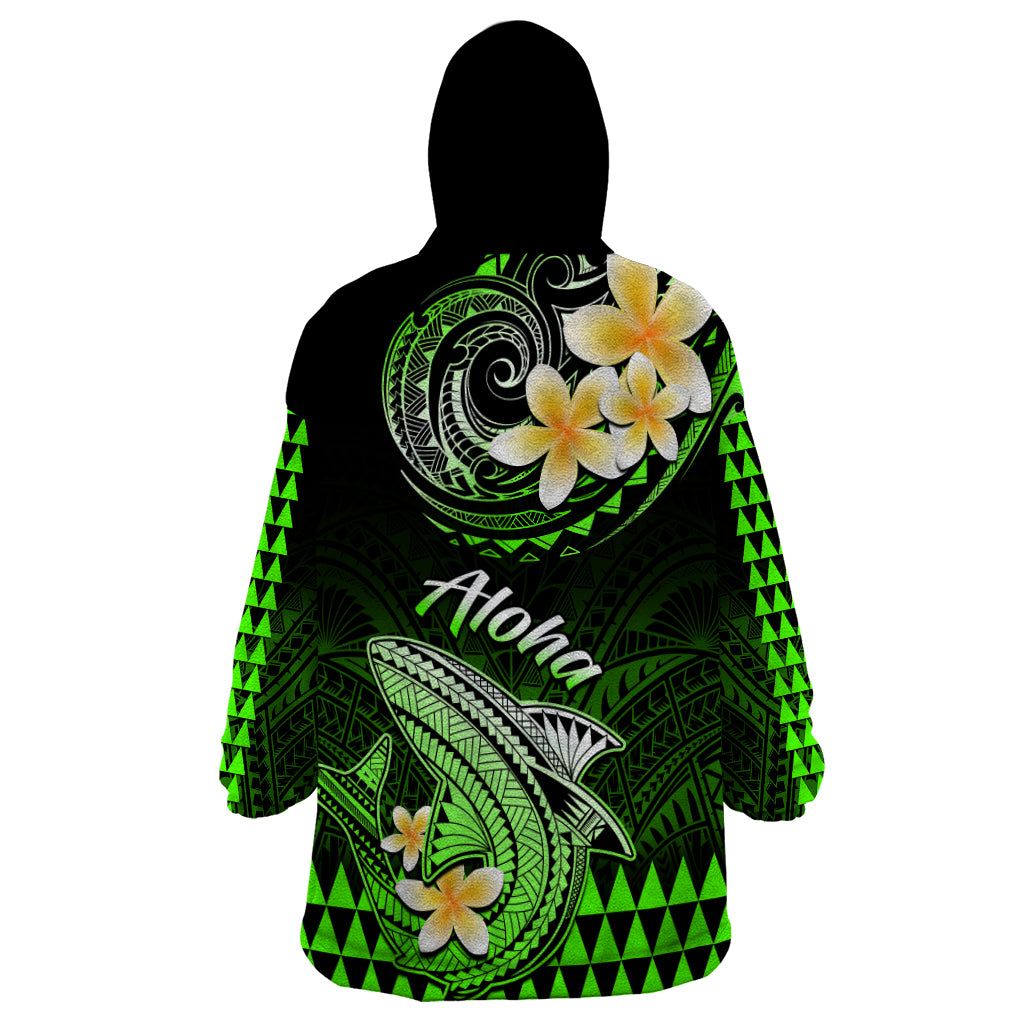 Hawaii Wearable Blanket Hoodie Polynesian Shark with Kakau Green Version - Wonder Print Shop