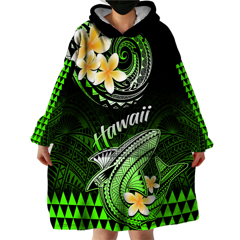 Hawaii Wearable Blanket Hoodie Polynesian Shark with Kakau Green Version - Wonder Print Shop