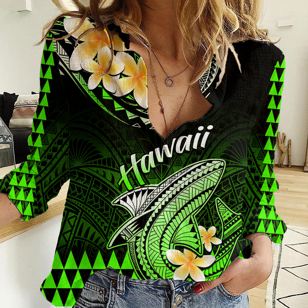 Hawaii Women Casual Shirt Polynesian Shark with Kakau Green Version - Wonder Print Shop