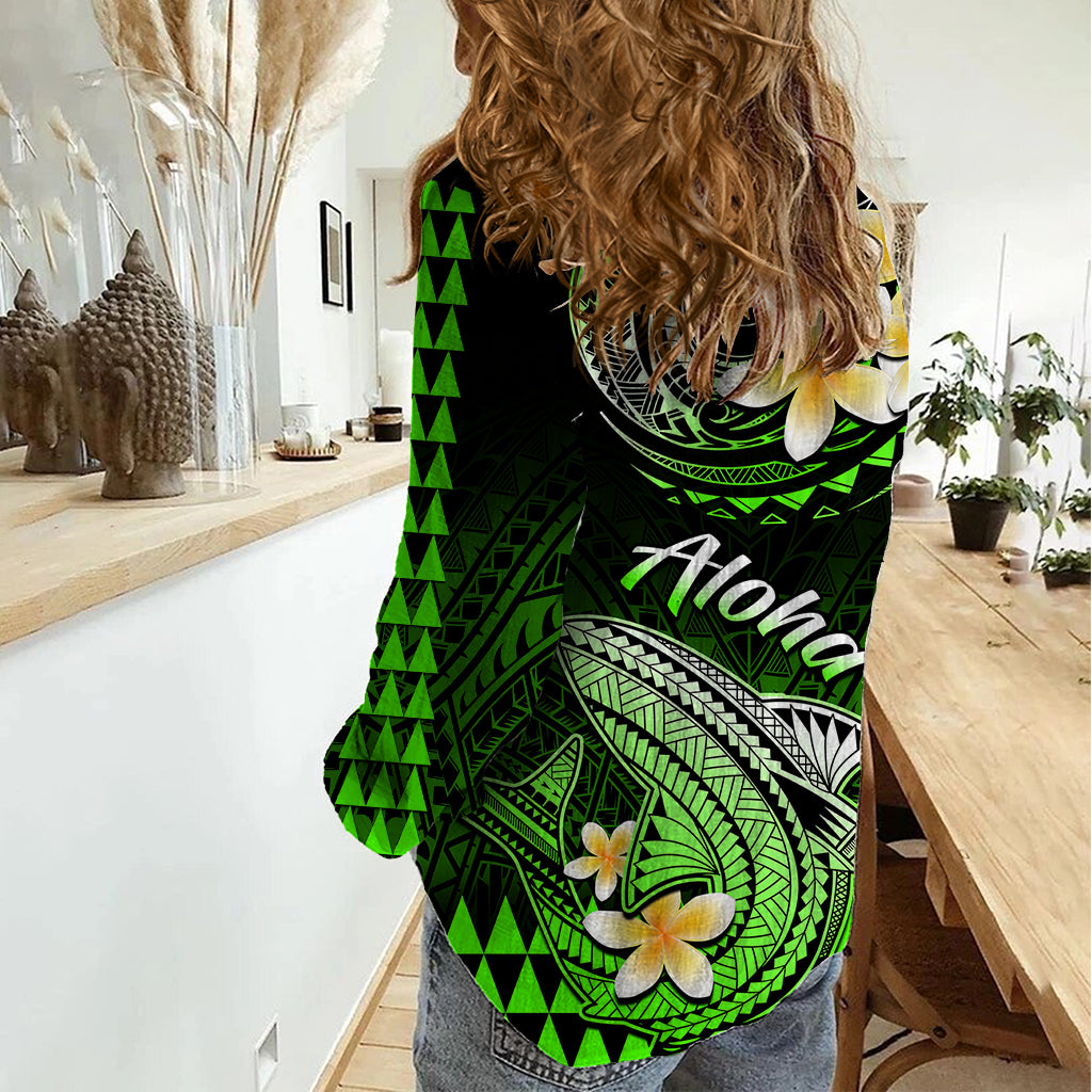 Hawaii Women Casual Shirt Polynesian Shark with Kakau Green Version - Wonder Print Shop