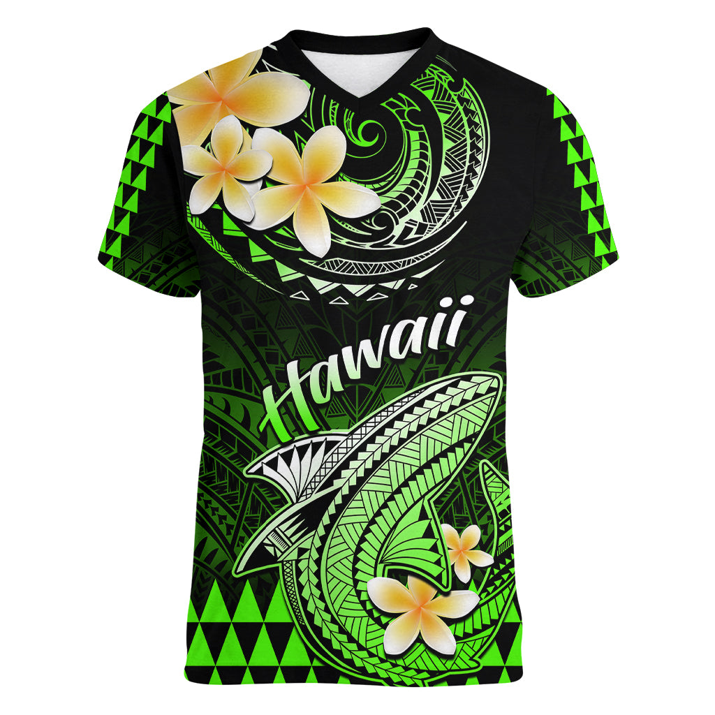 Hawaii Women V Neck T Shirt Polynesian Shark with Kakau Green Version - Wonder Print Shop