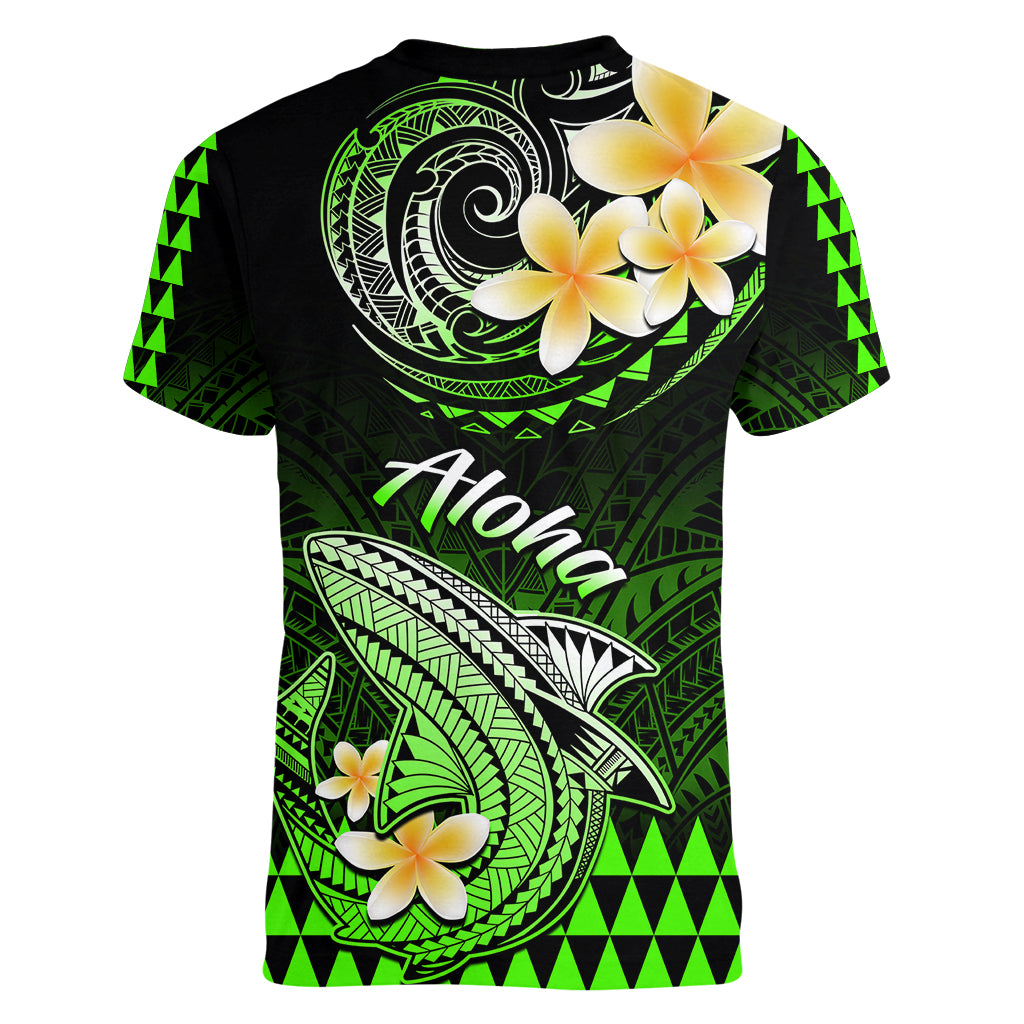 Hawaii Women V Neck T Shirt Polynesian Shark with Kakau Green Version - Wonder Print Shop