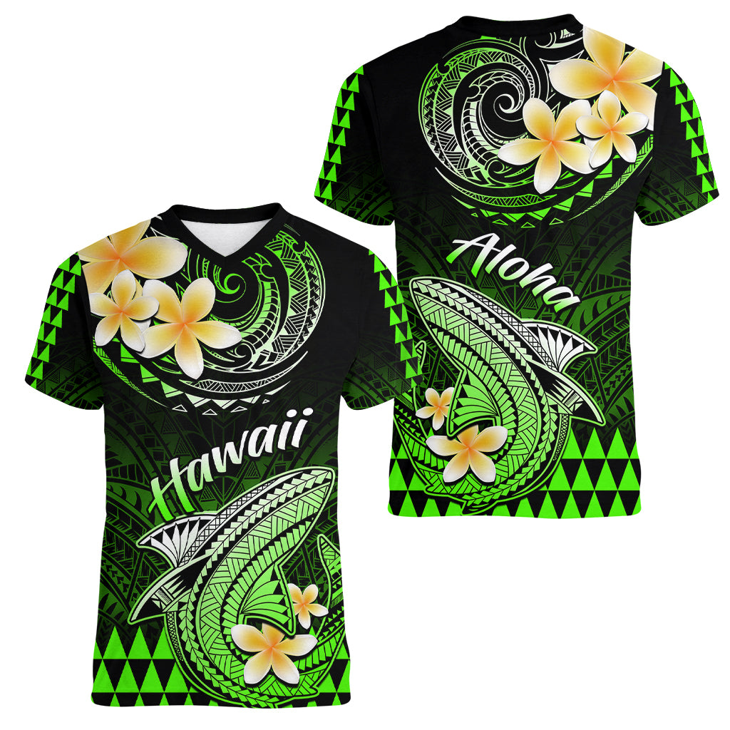 Hawaii Women V Neck T Shirt Polynesian Shark with Kakau Green Version - Wonder Print Shop