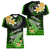 Hawaii Women V Neck T Shirt Polynesian Shark with Kakau Green Version - Wonder Print Shop