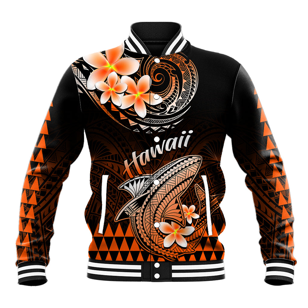 Hawaii Baseball Jacket Polynesian Shark with Kakau Orange Version - Wonder Print Shop