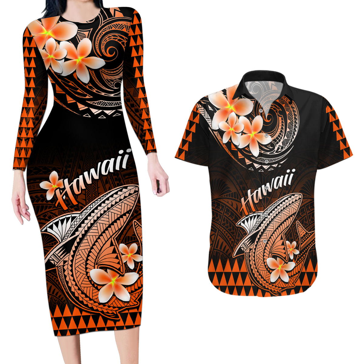 Hawaii Couples Matching Long Sleeve Bodycon Dress and Hawaiian Shirt Polynesian Shark with Kakau Orange Version - Wonder Print Shop