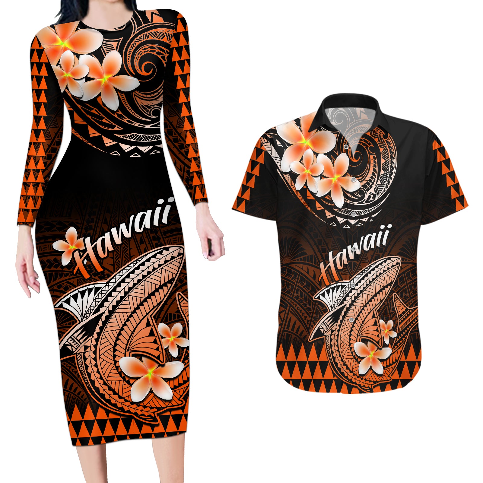 Hawaii Couples Matching Long Sleeve Bodycon Dress and Hawaiian Shirt Polynesian Shark with Kakau Orange Version - Wonder Print Shop
