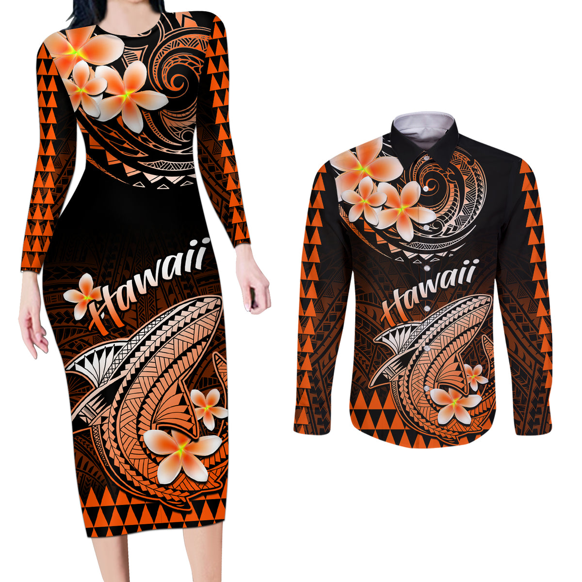 Hawaii Couples Matching Long Sleeve Bodycon Dress and Long Sleeve Button Shirts Polynesian Shark with Kakau Orange Version - Wonder Print Shop