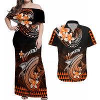 Hawaii Couples Matching Off Shoulder Maxi Dress and Hawaiian Shirt Polynesian Shark with Kakau Orange Version - Wonder Print Shop