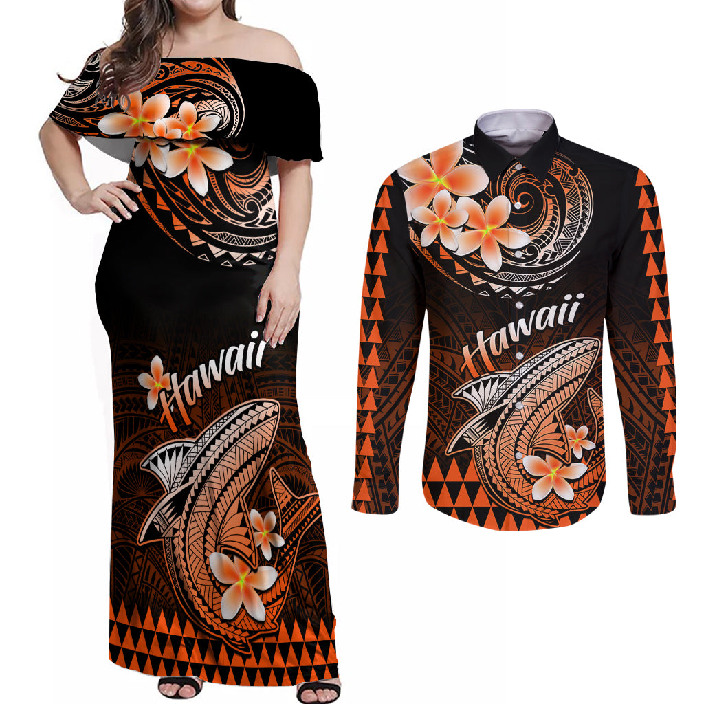 Hawaii Couples Matching Off Shoulder Maxi Dress and Long Sleeve Button Shirts Polynesian Shark with Kakau Orange Version - Wonder Print Shop