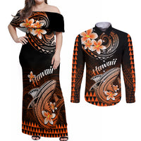 Hawaii Couples Matching Off Shoulder Maxi Dress and Long Sleeve Button Shirts Polynesian Shark with Kakau Orange Version - Wonder Print Shop