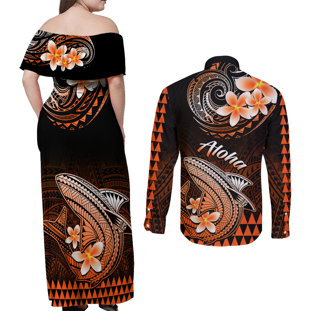Hawaii Couples Matching Off Shoulder Maxi Dress and Long Sleeve Button Shirts Polynesian Shark with Kakau Orange Version - Wonder Print Shop
