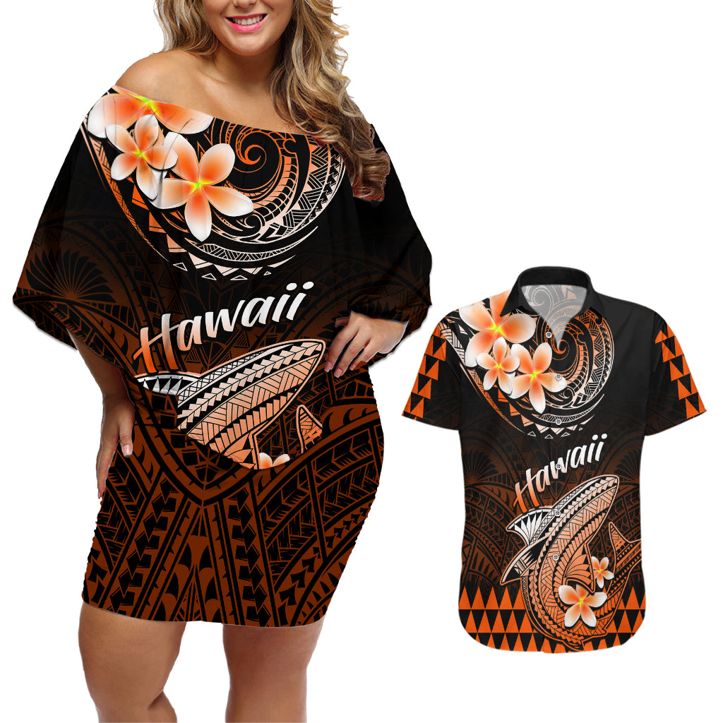 Hawaii Couples Matching Off Shoulder Short Dress and Hawaiian Shirt Polynesian Shark with Kakau Orange Version - Wonder Print Shop