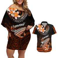Hawaii Couples Matching Off Shoulder Short Dress and Hawaiian Shirt Polynesian Shark with Kakau Orange Version - Wonder Print Shop
