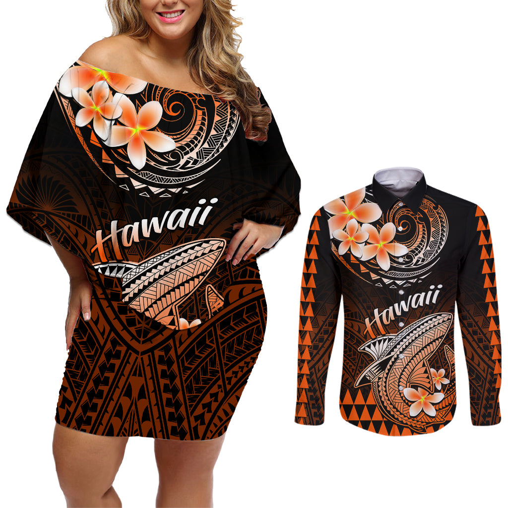 Hawaii Couples Matching Off Shoulder Short Dress and Long Sleeve Button Shirts Polynesian Shark with Kakau Orange Version - Wonder Print Shop