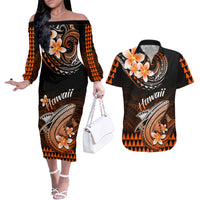Hawaii Couples Matching Off The Shoulder Long Sleeve Dress and Hawaiian Shirt Polynesian Shark with Kakau Orange Version - Wonder Print Shop