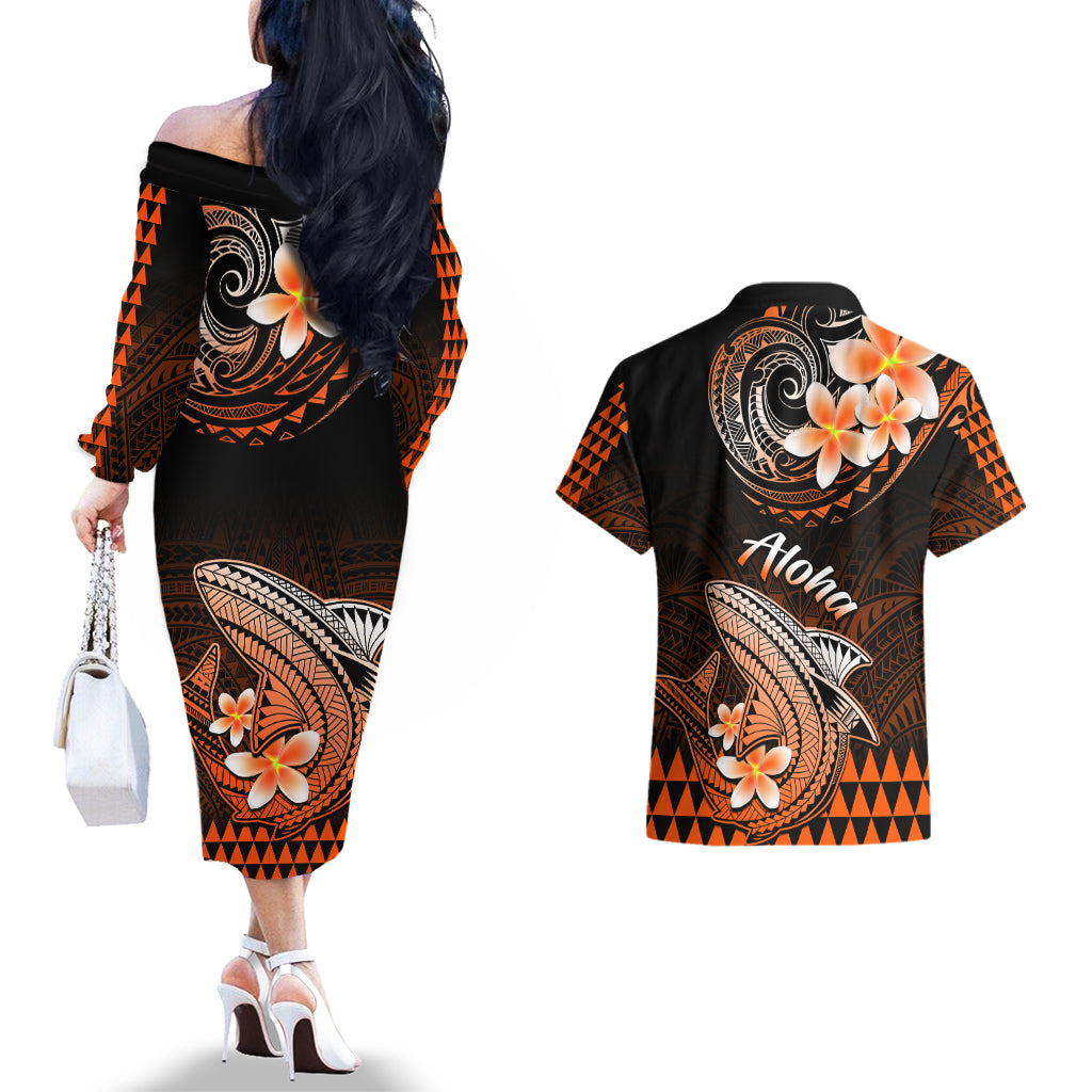 Hawaii Couples Matching Off The Shoulder Long Sleeve Dress and Hawaiian Shirt Polynesian Shark with Kakau Orange Version - Wonder Print Shop