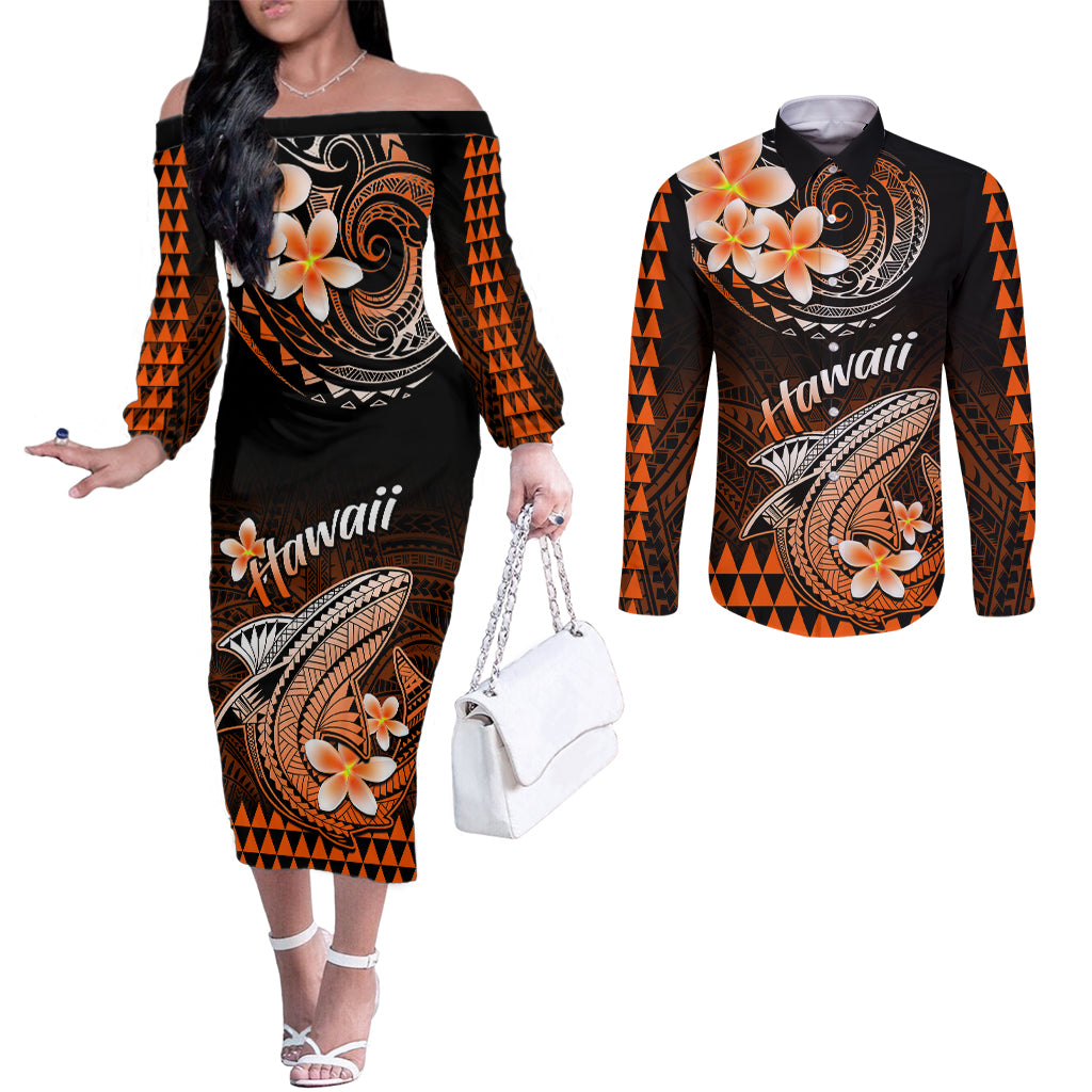 hawaii-couples-matching-off-the-shoulder-long-sleeve-dress-and-long-sleeve-button-shirts-polynesian-shark-with-kakau-orange-version