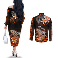 hawaii-couples-matching-off-the-shoulder-long-sleeve-dress-and-long-sleeve-button-shirts-polynesian-shark-with-kakau-orange-version