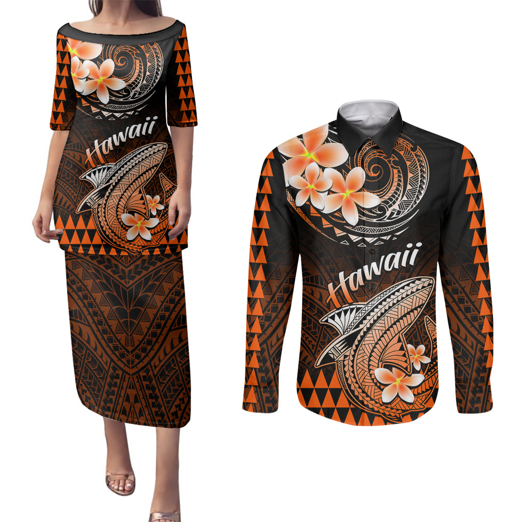 Hawaii Couples Matching Puletasi Dress and Long Sleeve Button Shirts Polynesian Shark with Kakau Orange Version - Wonder Print Shop