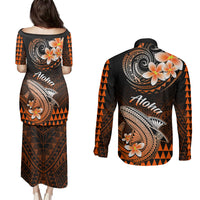 Hawaii Couples Matching Puletasi Dress and Long Sleeve Button Shirts Polynesian Shark with Kakau Orange Version - Wonder Print Shop