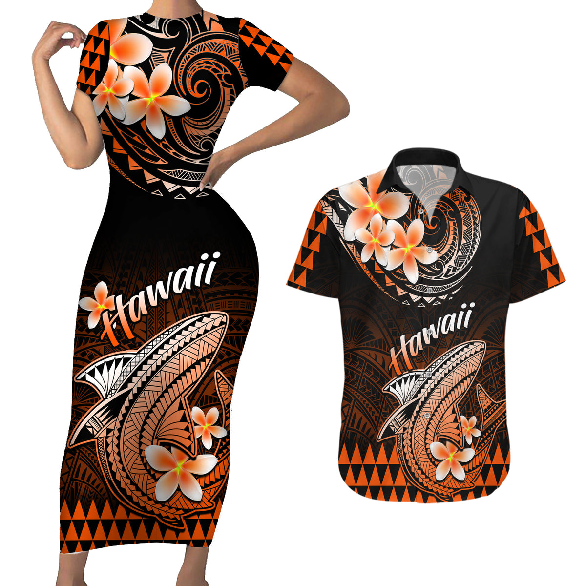 Hawaii Couples Matching Short Sleeve Bodycon Dress and Hawaiian Shirt Polynesian Shark with Kakau Orange Version - Wonder Print Shop
