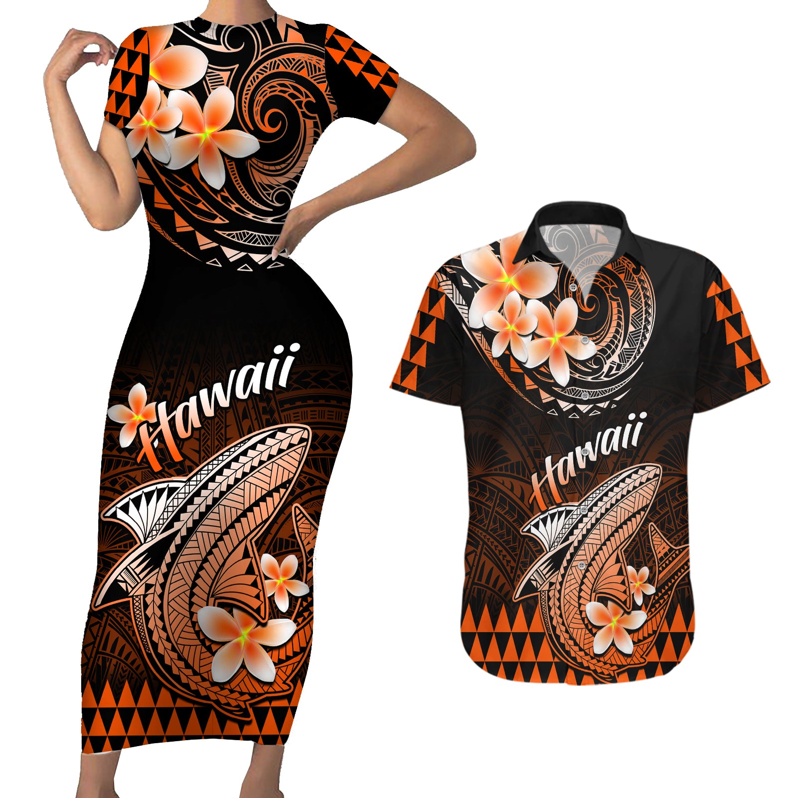 Hawaii Couples Matching Short Sleeve Bodycon Dress and Hawaiian Shirt Polynesian Shark with Kakau Orange Version - Wonder Print Shop