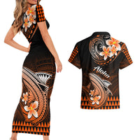 Hawaii Couples Matching Short Sleeve Bodycon Dress and Hawaiian Shirt Polynesian Shark with Kakau Orange Version - Wonder Print Shop