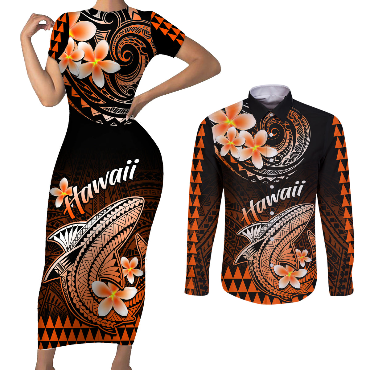 Hawaii Couples Matching Short Sleeve Bodycon Dress and Long Sleeve Button Shirts Polynesian Shark with Kakau Orange Version - Wonder Print Shop