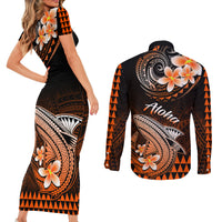 Hawaii Couples Matching Short Sleeve Bodycon Dress and Long Sleeve Button Shirts Polynesian Shark with Kakau Orange Version - Wonder Print Shop