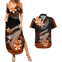 Hawaii Couples Matching Summer Maxi Dress and Hawaiian Shirt Polynesian Shark with Kakau Orange Version - Wonder Print Shop