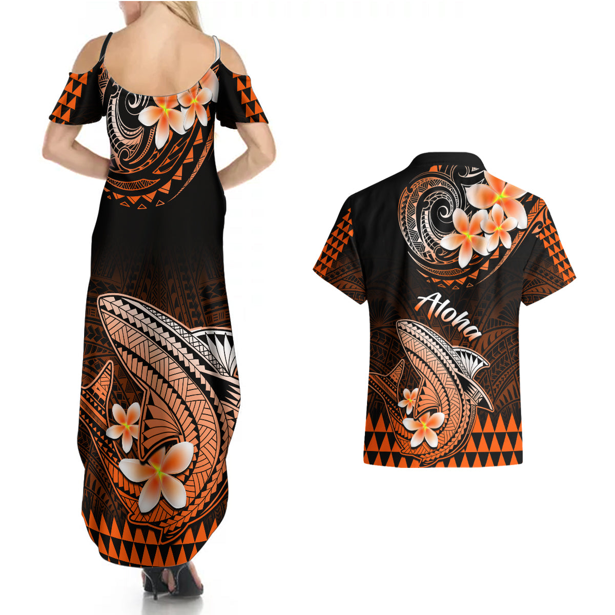 Hawaii Couples Matching Summer Maxi Dress and Hawaiian Shirt Polynesian Shark with Kakau Orange Version - Wonder Print Shop