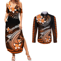 Hawaii Couples Matching Summer Maxi Dress and Long Sleeve Button Shirts Polynesian Shark with Kakau Orange Version - Wonder Print Shop