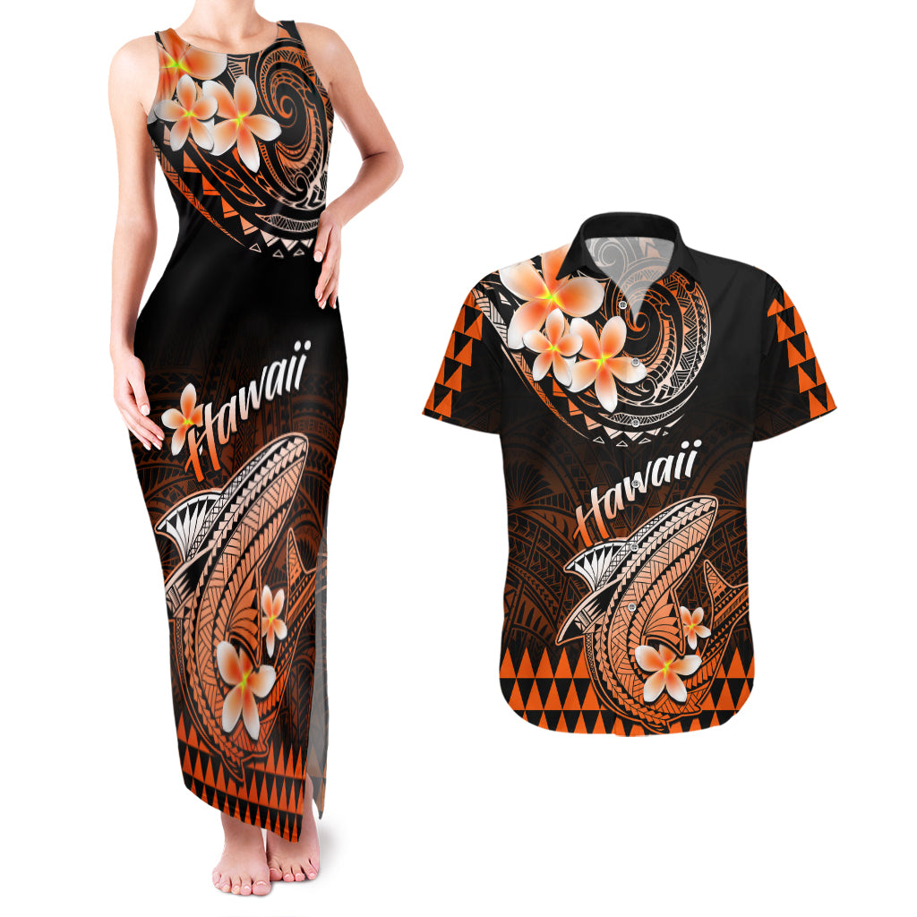 Hawaii Couples Matching Tank Maxi Dress and Hawaiian Shirt Polynesian Shark with Kakau Orange Version - Wonder Print Shop