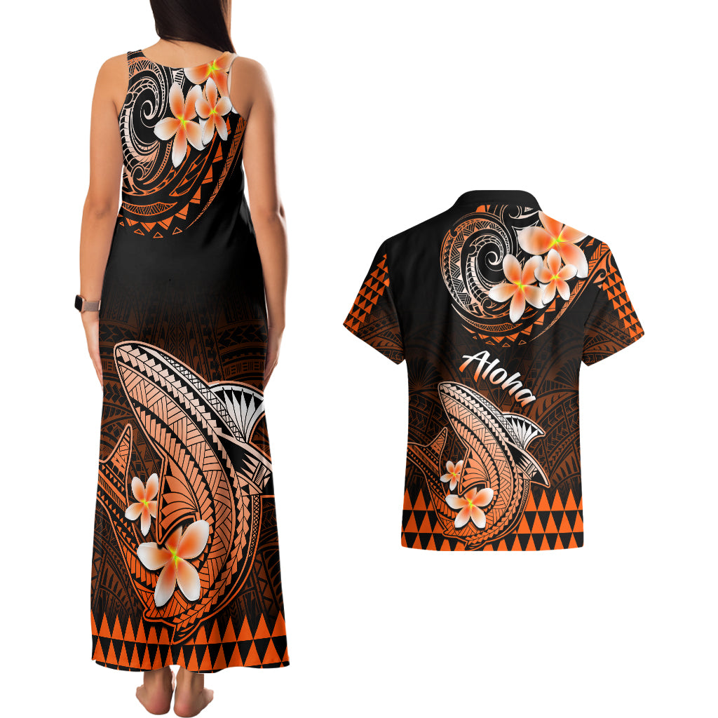 Hawaii Couples Matching Tank Maxi Dress and Hawaiian Shirt Polynesian Shark with Kakau Orange Version - Wonder Print Shop