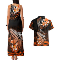 Hawaii Couples Matching Tank Maxi Dress and Hawaiian Shirt Polynesian Shark with Kakau Orange Version - Wonder Print Shop