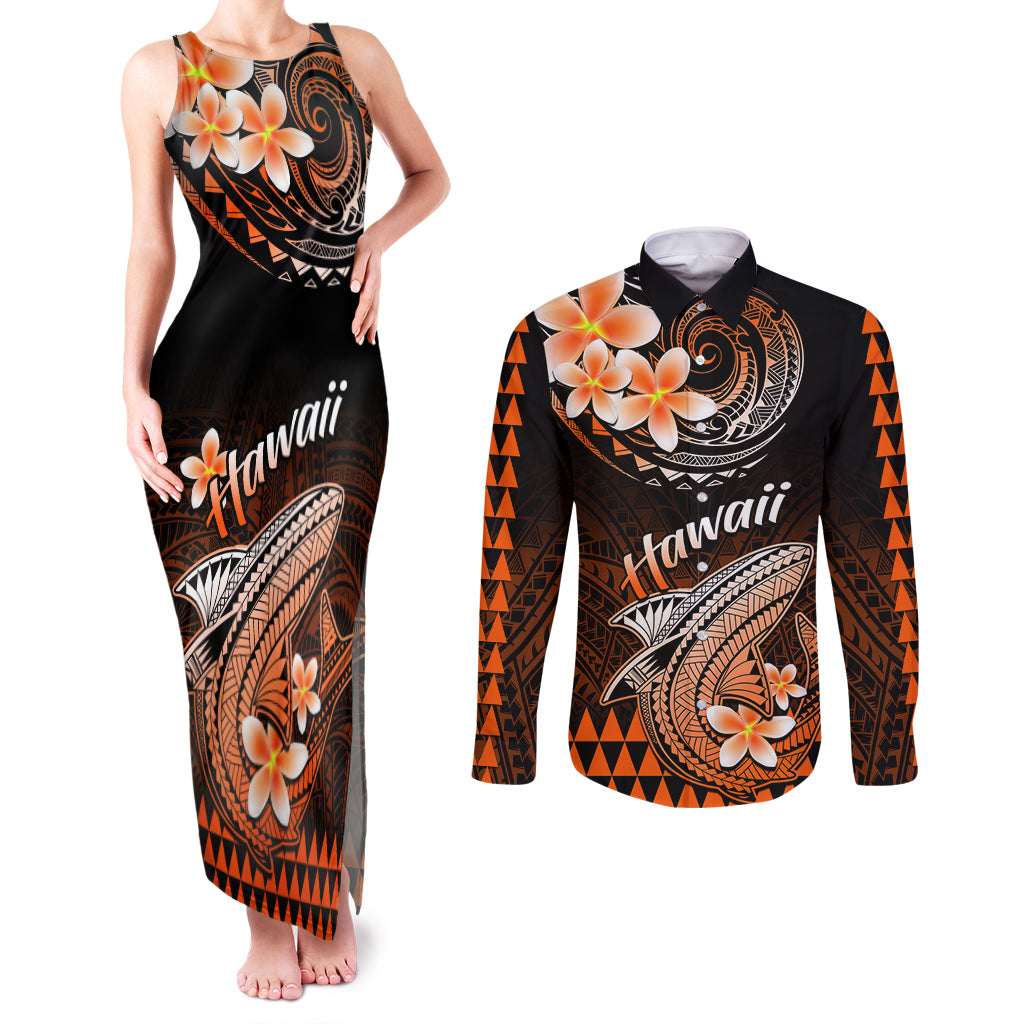Hawaii Couples Matching Tank Maxi Dress and Long Sleeve Button Shirts Polynesian Shark with Kakau Orange Version - Wonder Print Shop