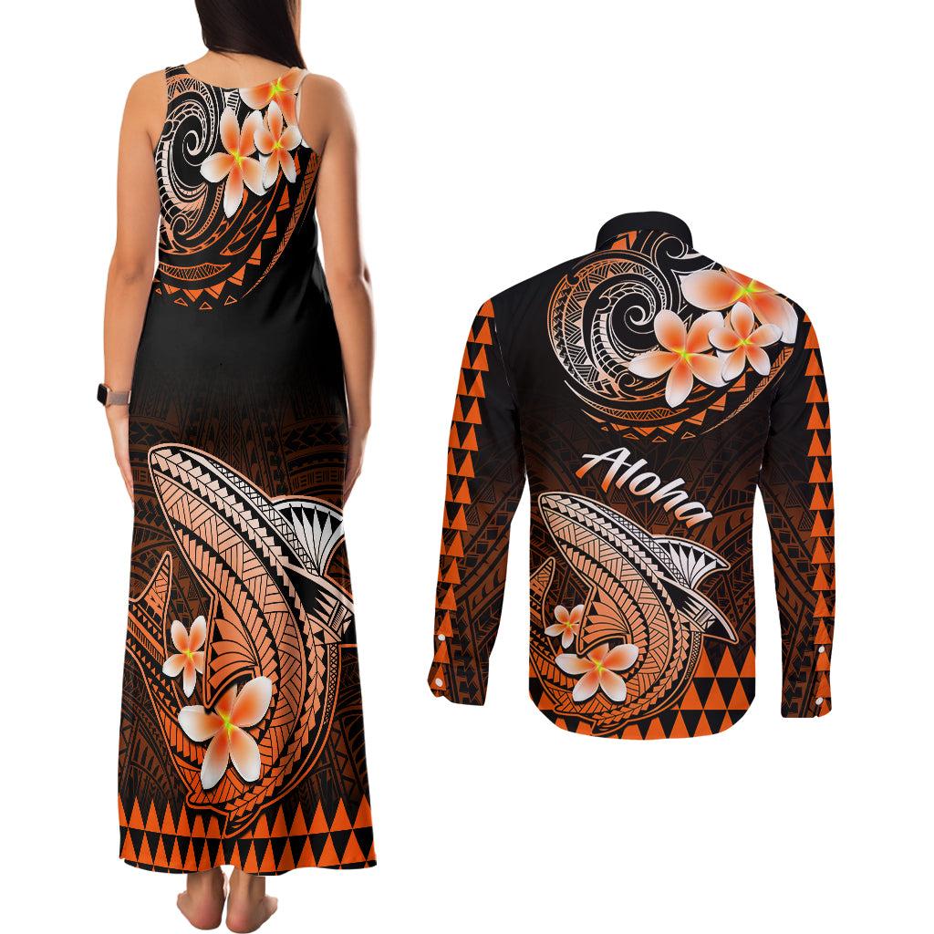 Hawaii Couples Matching Tank Maxi Dress and Long Sleeve Button Shirts Polynesian Shark with Kakau Orange Version - Wonder Print Shop