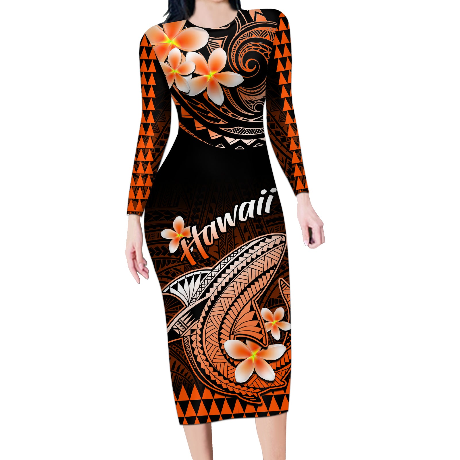Hawaii Long Sleeve Bodycon Dress Polynesian Shark with Kakau Orange Version - Wonder Print Shop