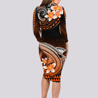 Hawaii Long Sleeve Bodycon Dress Polynesian Shark with Kakau Orange Version - Wonder Print Shop