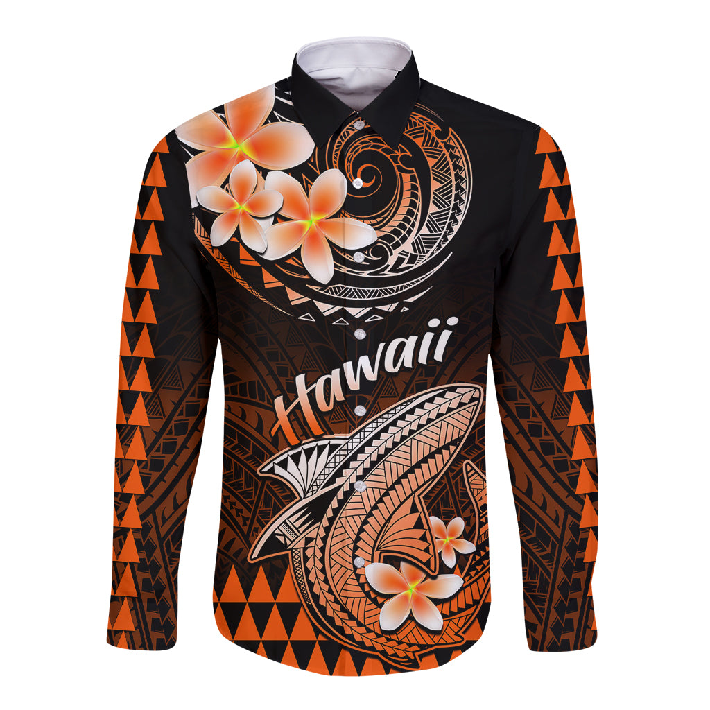 Hawaii Long Sleeve Button Shirt Polynesian Shark with Kakau Orange Version - Wonder Print Shop