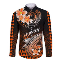 Hawaii Long Sleeve Button Shirt Polynesian Shark with Kakau Orange Version - Wonder Print Shop