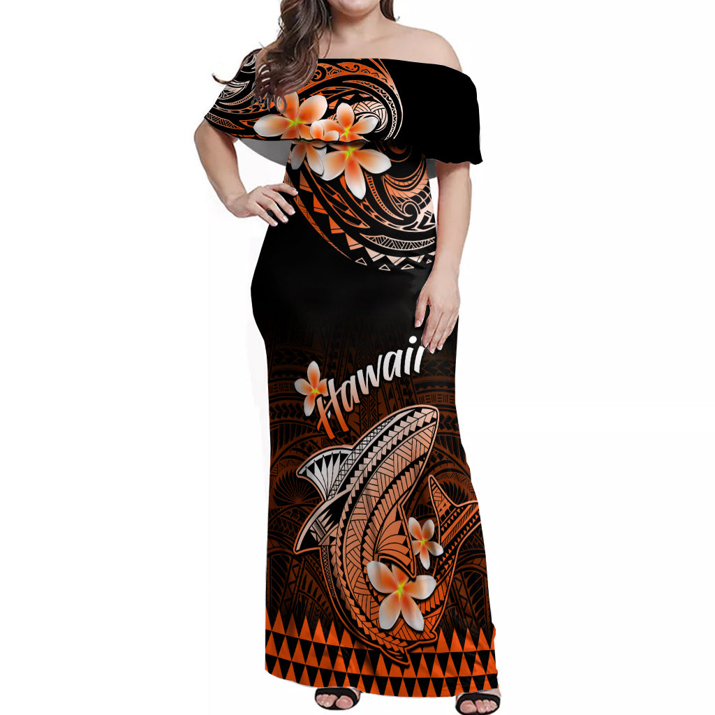 Hawaii Off Shoulder Maxi Dress Polynesian Shark with Kakau Orange Version - Wonder Print Shop